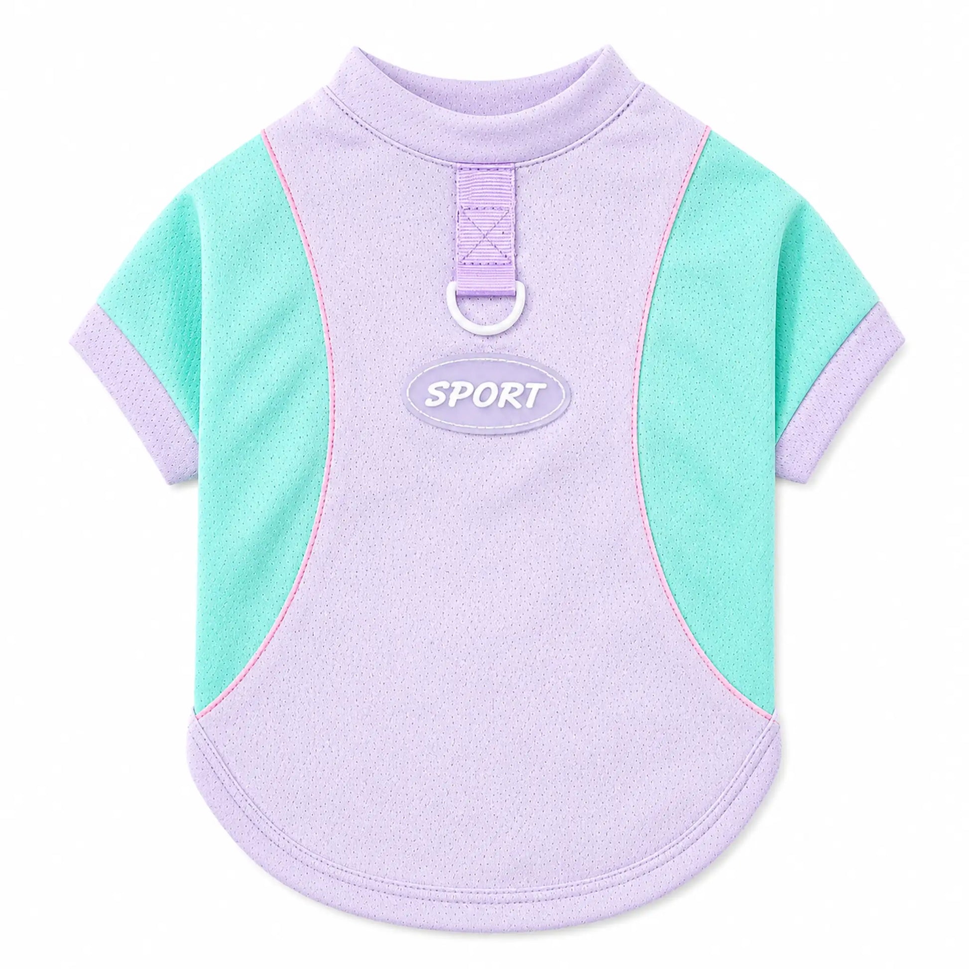 Purple and green short-sleeve pet T-shirt with back D-ring and SPORT patch