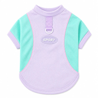 Purple and green short-sleeve pet T-shirt with back D-ring and SPORT patch