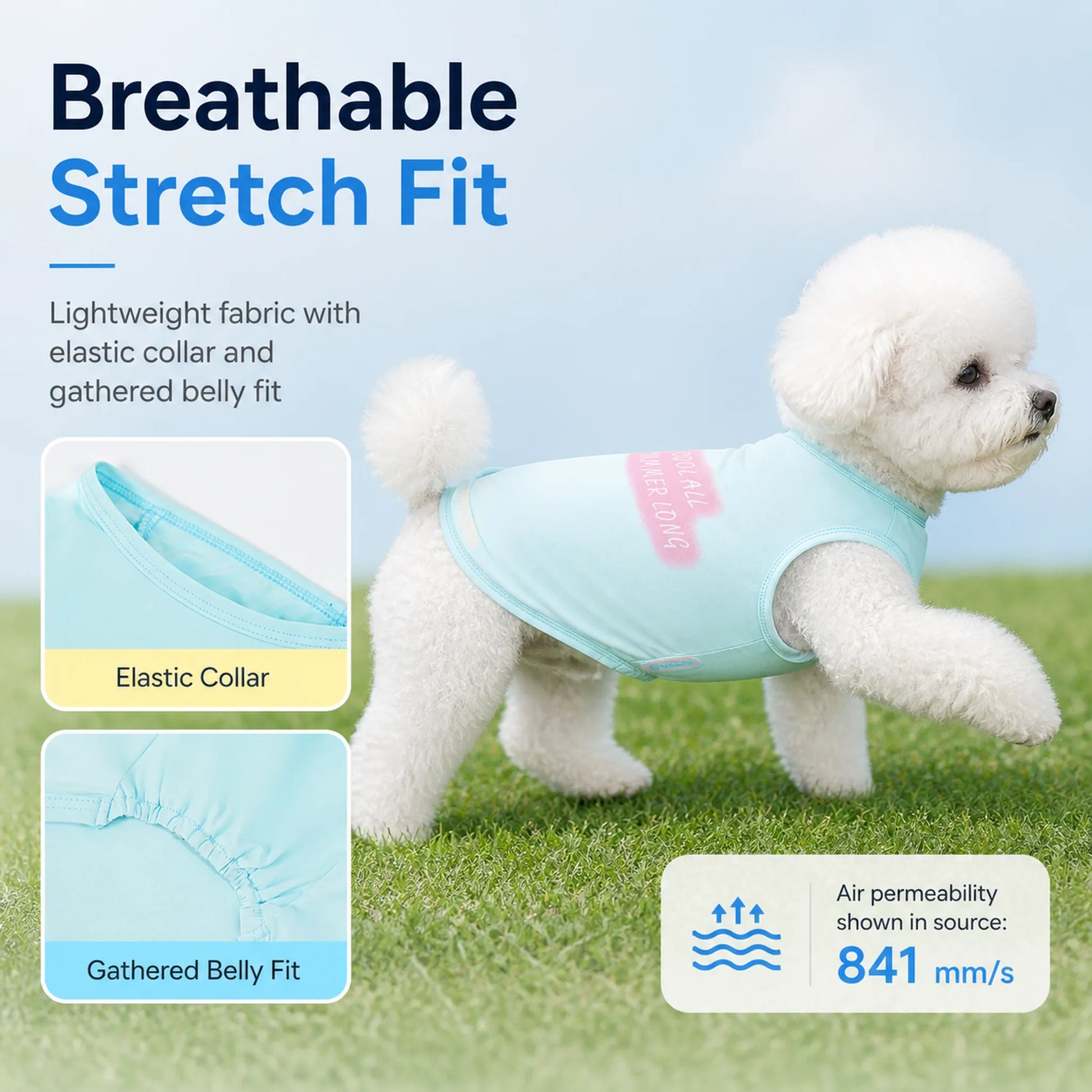Breathable stretch fit feature graphic with elastic collar and gathered belly fit