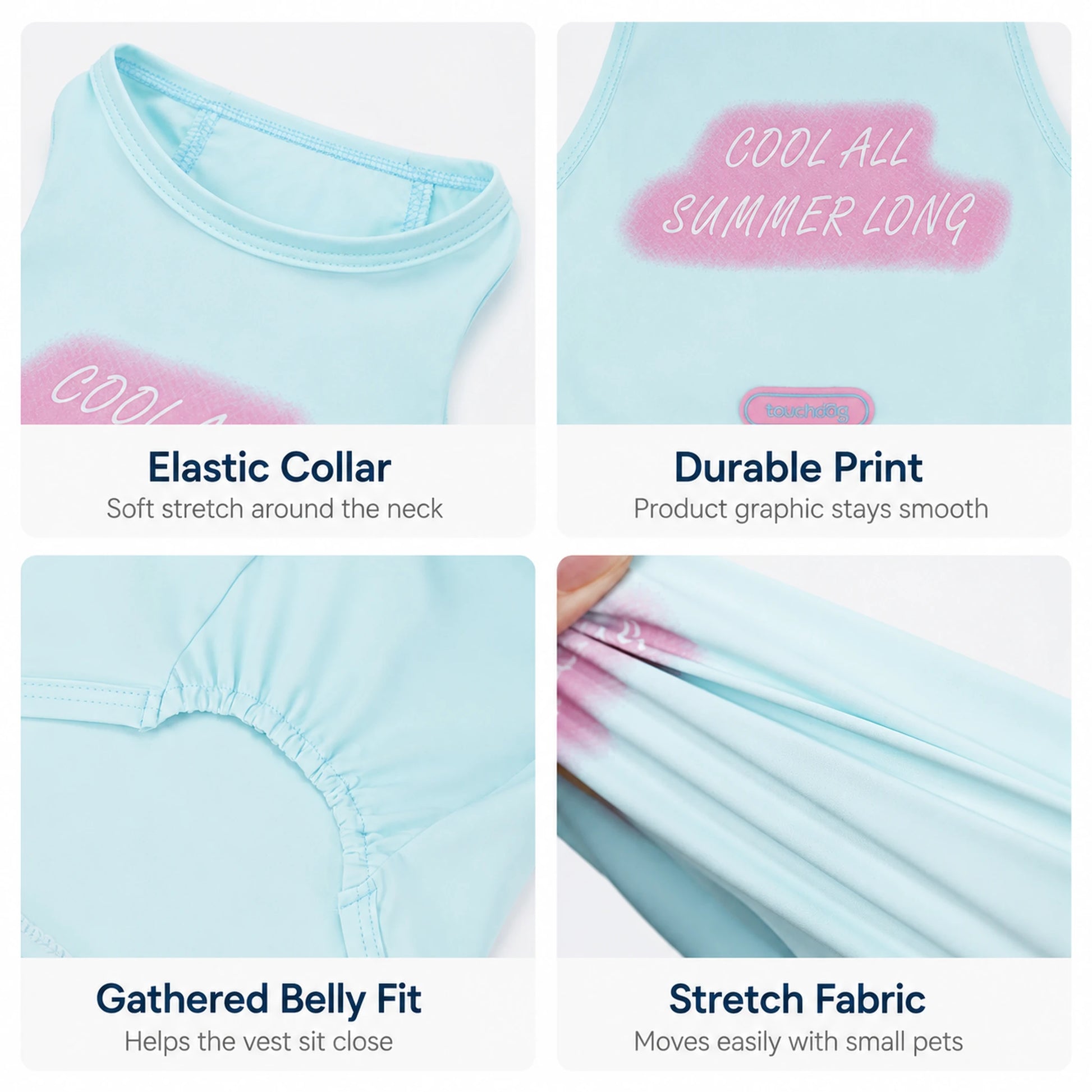 Four detail panels showing elastic collar, durable print, gathered belly fit, and stretch fabric