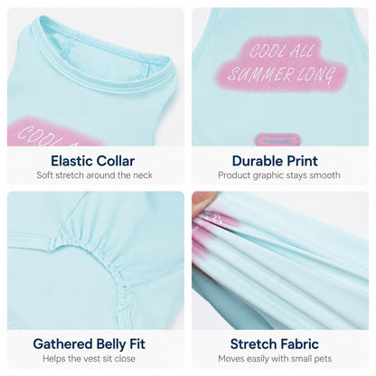Four detail panels showing elastic collar, durable print, gathered belly fit, and stretch fabric
