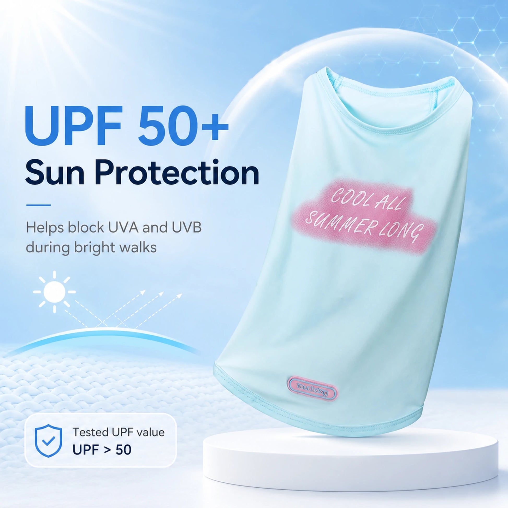 UPF50+ sun protection feature graphic for cool-touch dog vest