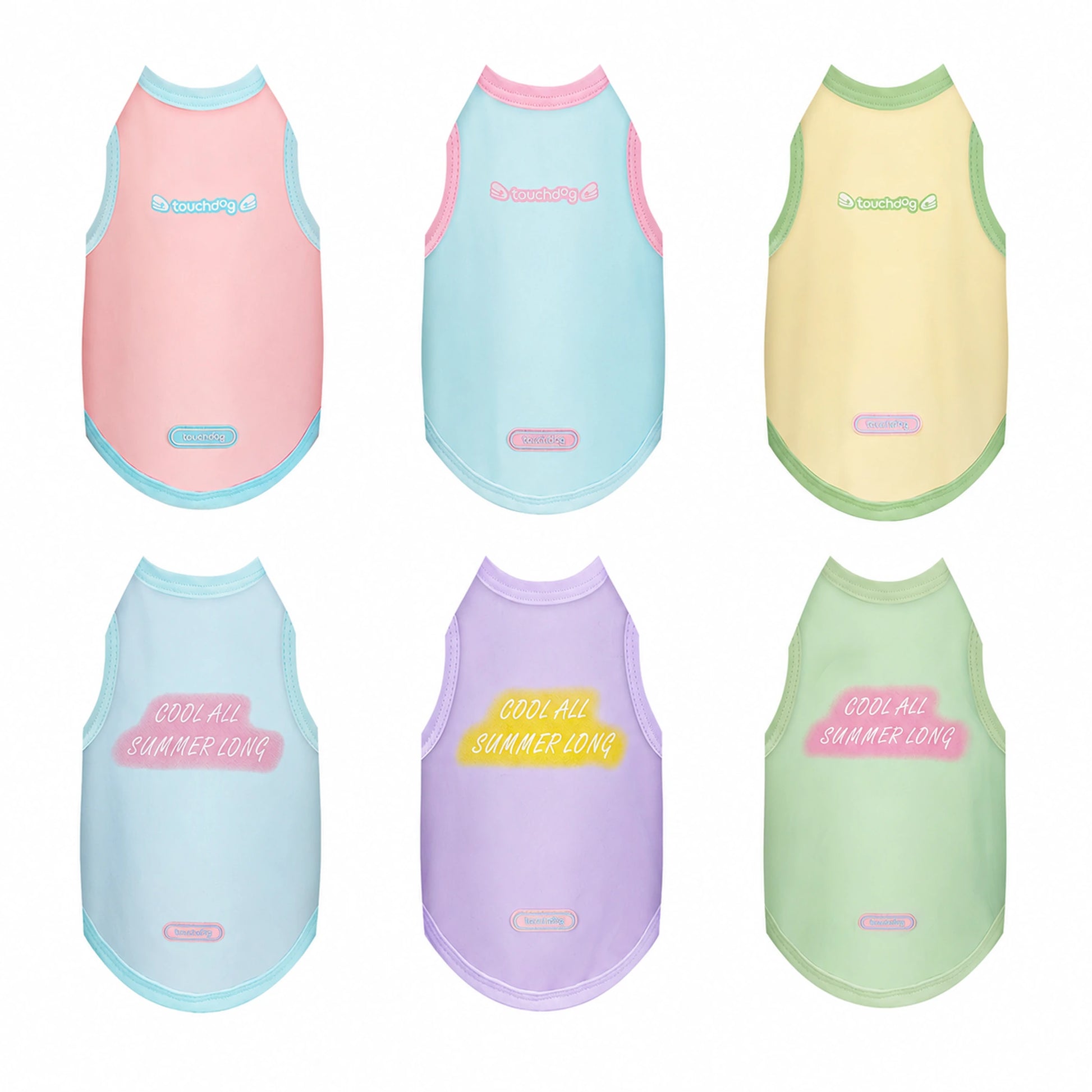 Six color variants of the cool-touch UPF50+ dog vest