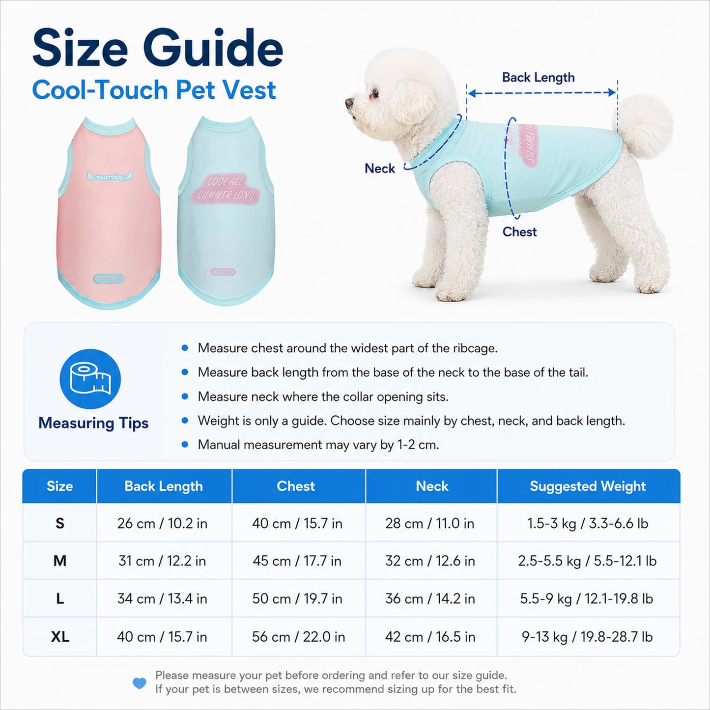 Size guide for cool-touch pet vest with back length, chest, neck, and weight