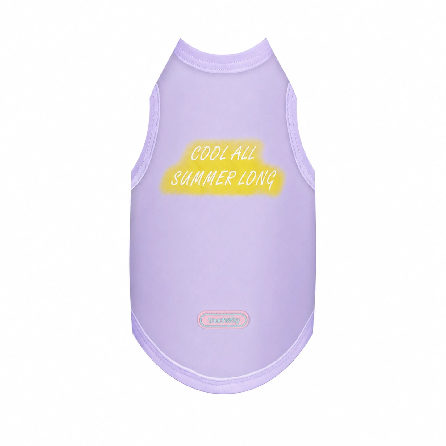 Light purple cool-touch UPF50+ dog vest with yellow slogan print