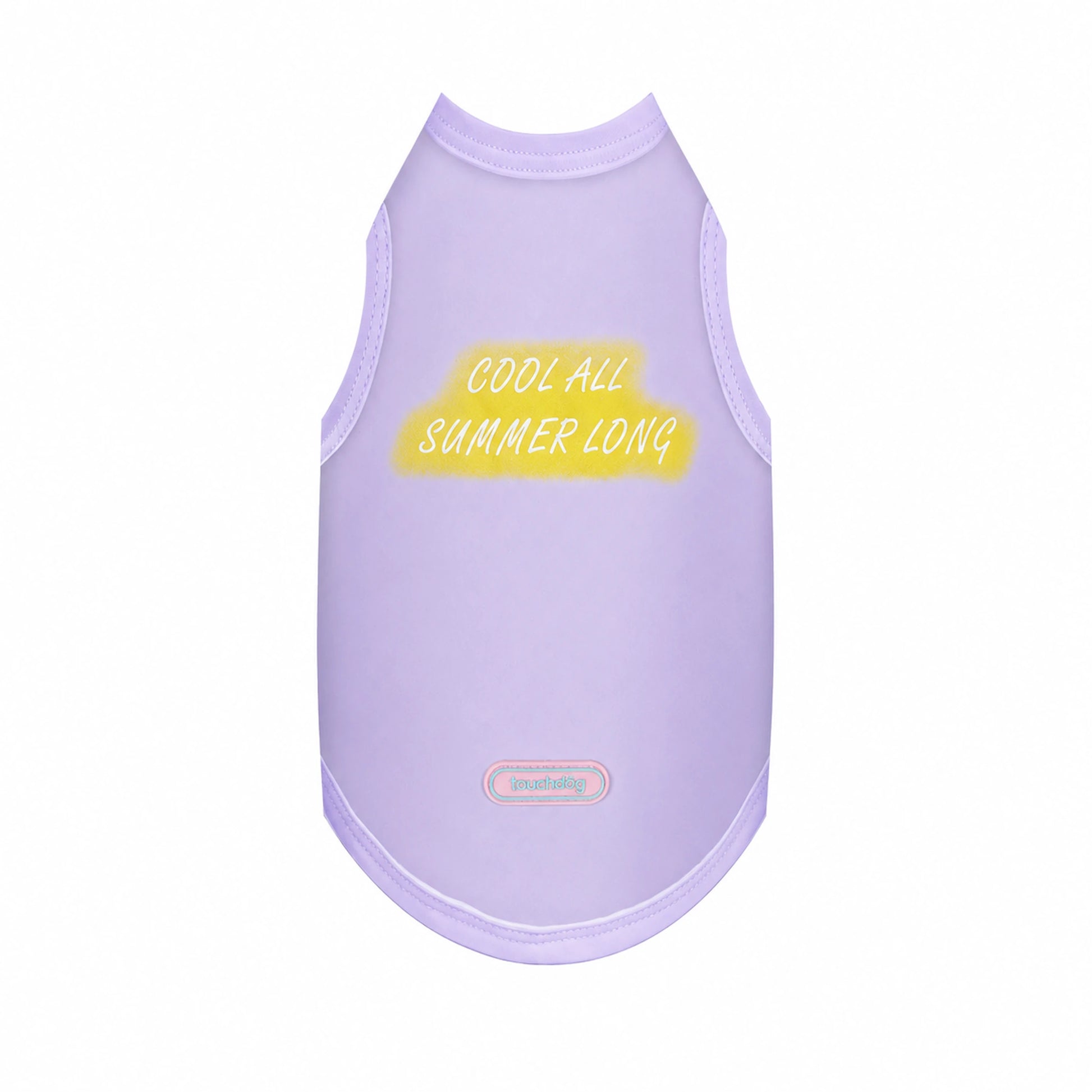 Light purple cool-touch UPF50+ dog vest with yellow slogan print