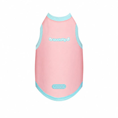 Pink cool-touch UPF50+ dog vest with blue trim