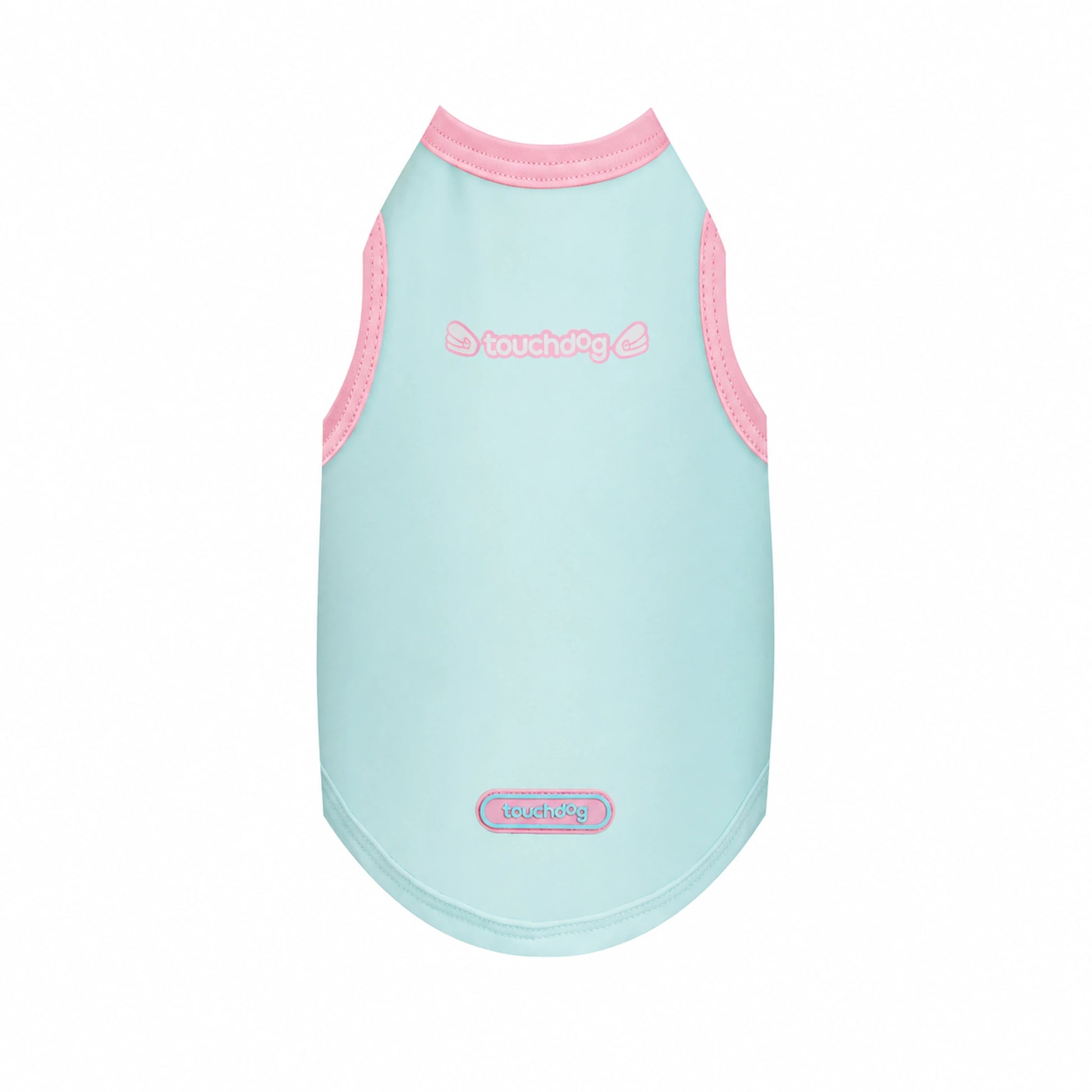 Sky blue logo cool-touch UPF50+ dog vest with pink trim
