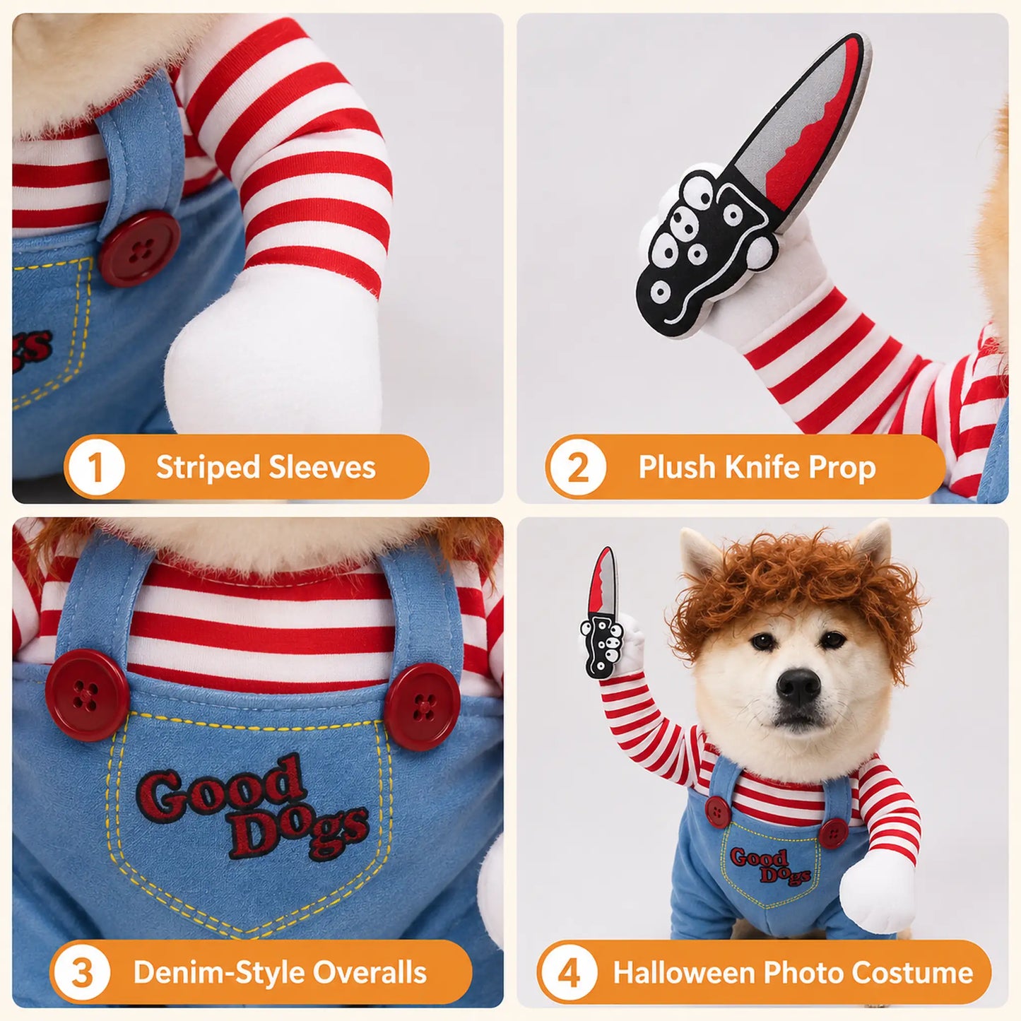 Feature collage for Halloween dog costume showing striped sleeves toy knife prop and overalls