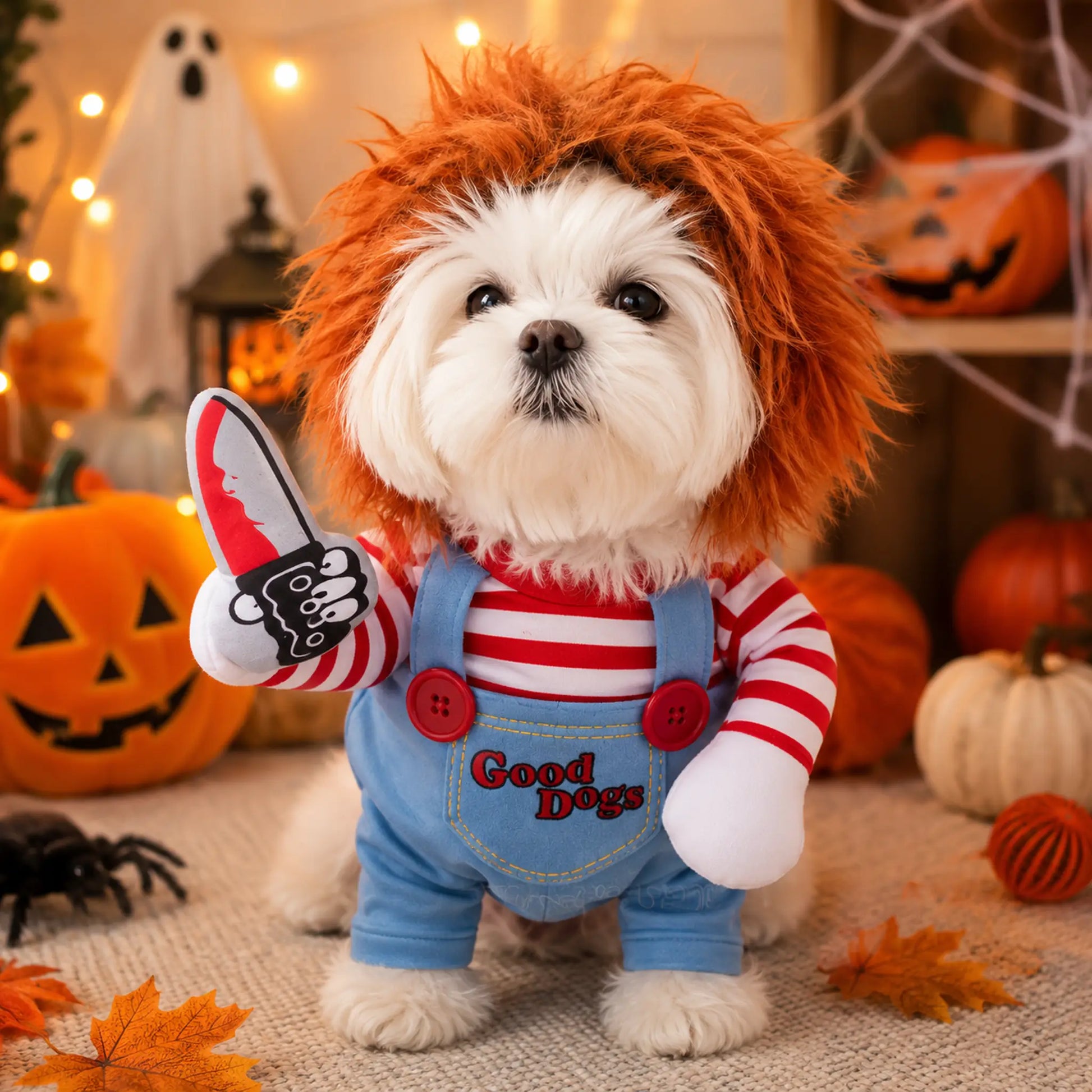 Small dog in Halloween doll costume in a festive indoor Halloween scene