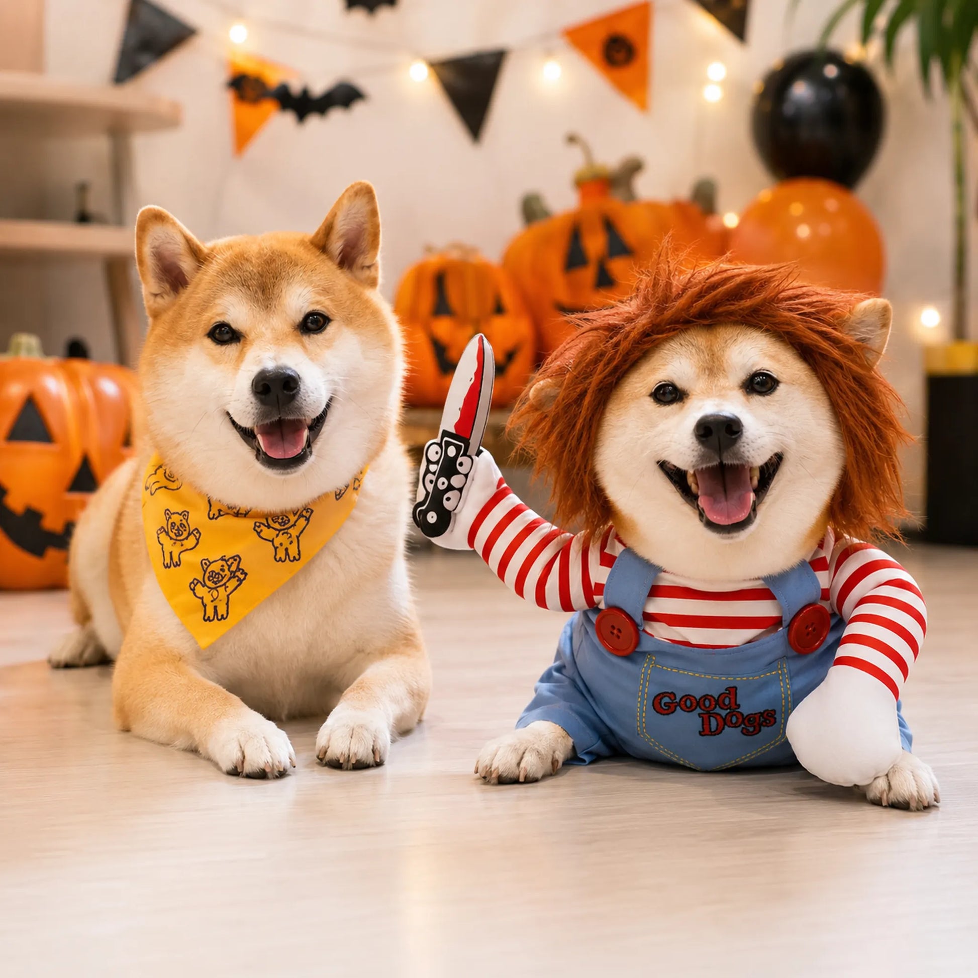 Two dogs at Halloween party with one wearing Good Dogs doll costume