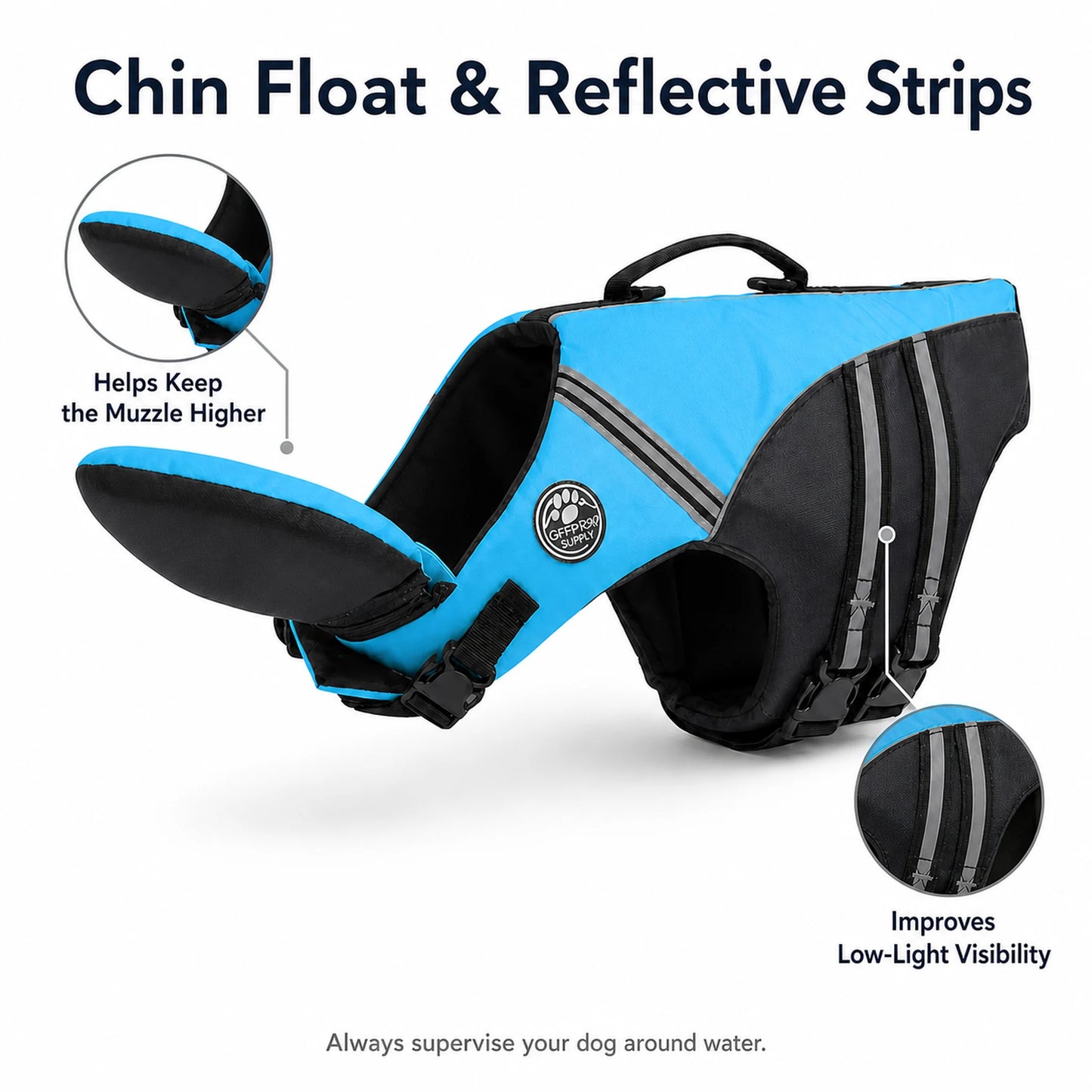 Dog life jacket chin float and reflective strip feature guide