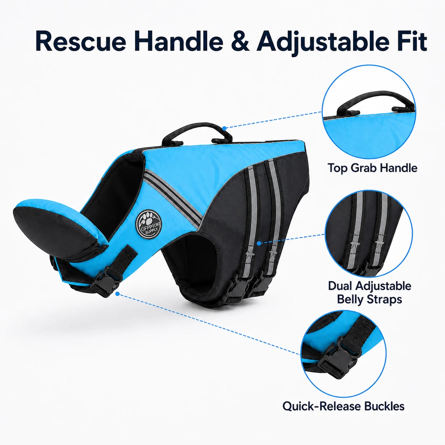 Dog life jacket rescue handle adjustable straps and buckle details