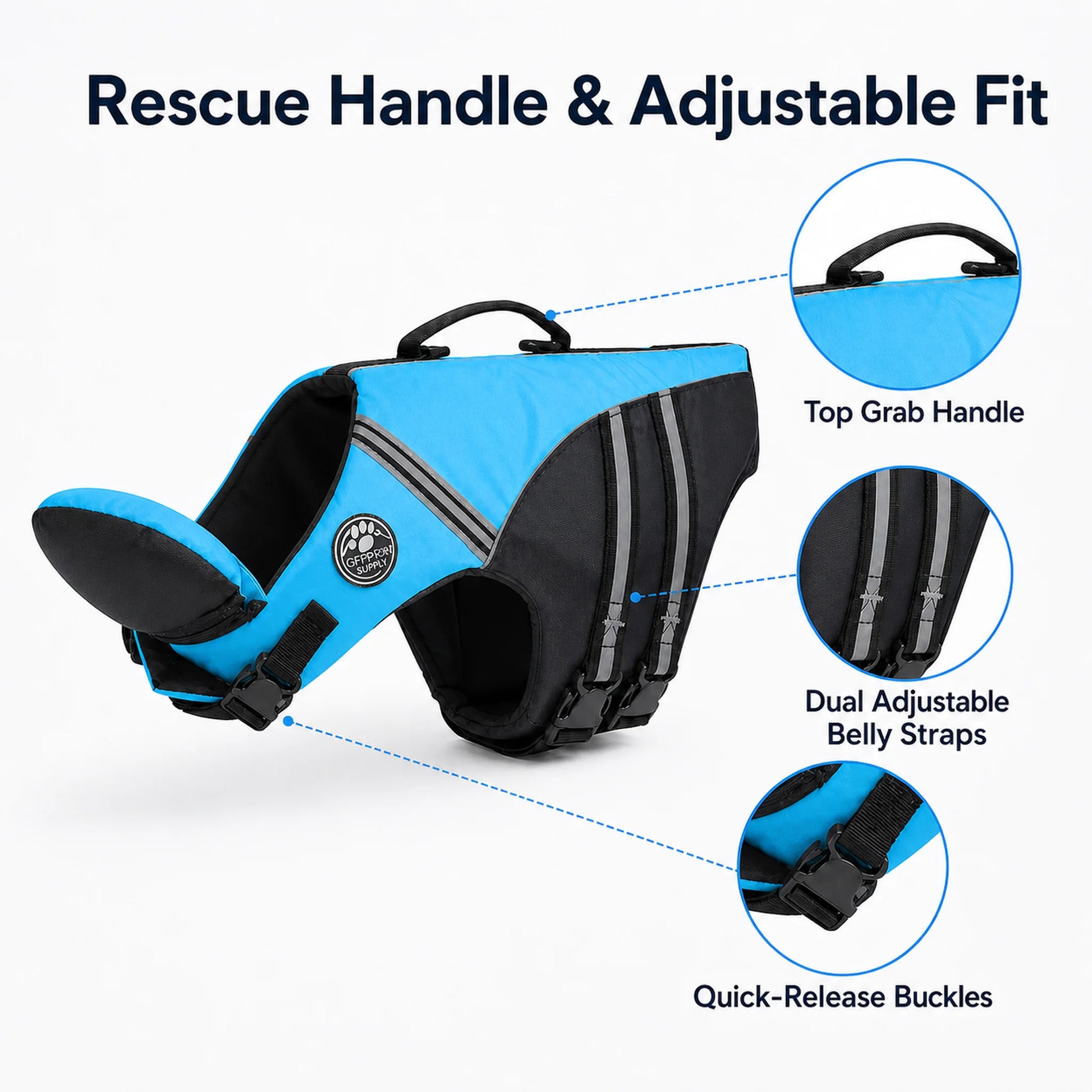 Dog life jacket rescue handle adjustable straps and buckle details