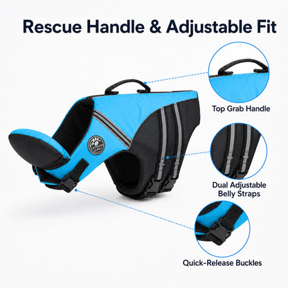 Dog life jacket rescue handle adjustable straps and buckle details