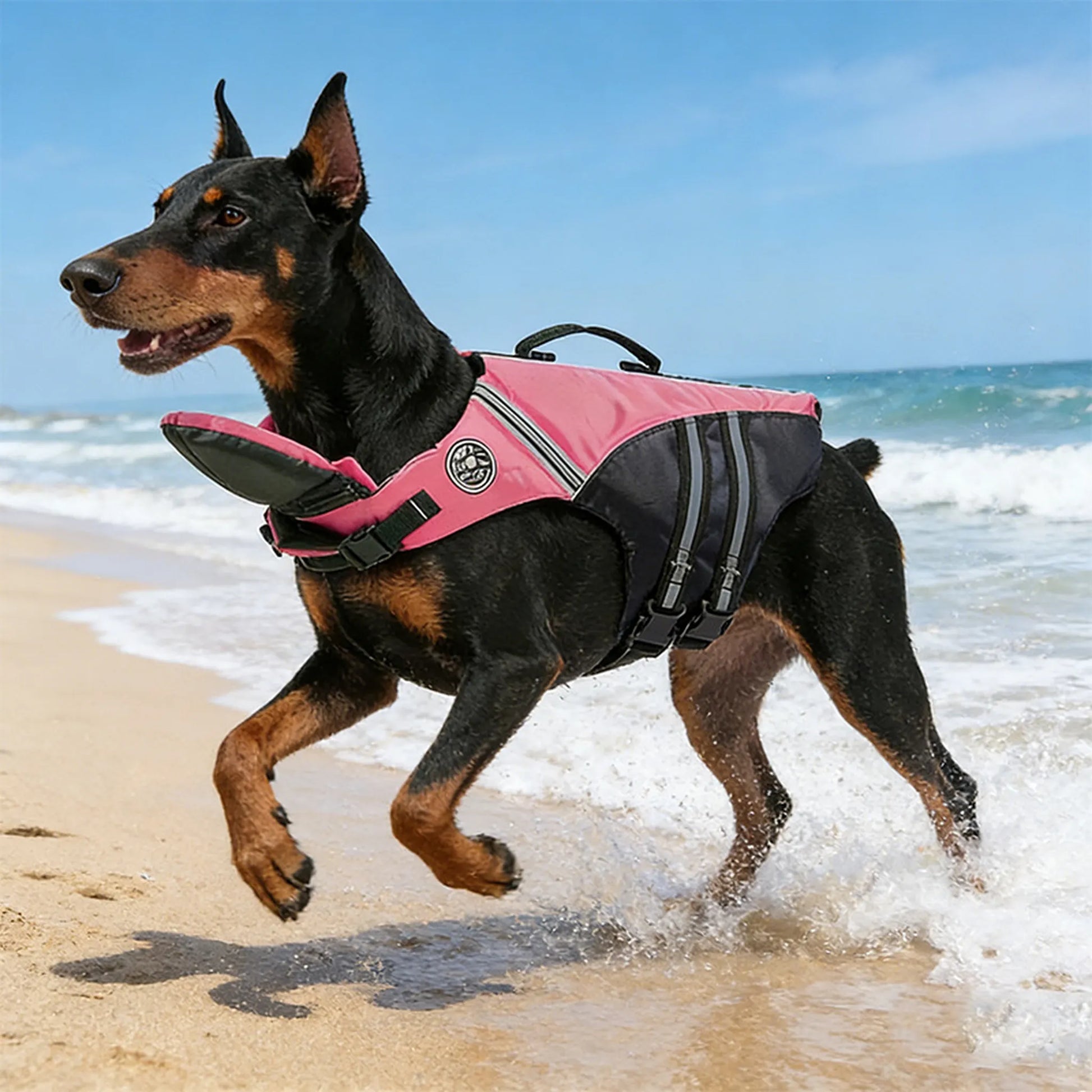 Dog running at the beach in a pink reflective life jacket