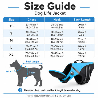 Dog life jacket size guide for XS through XL with chest neck and back measurements