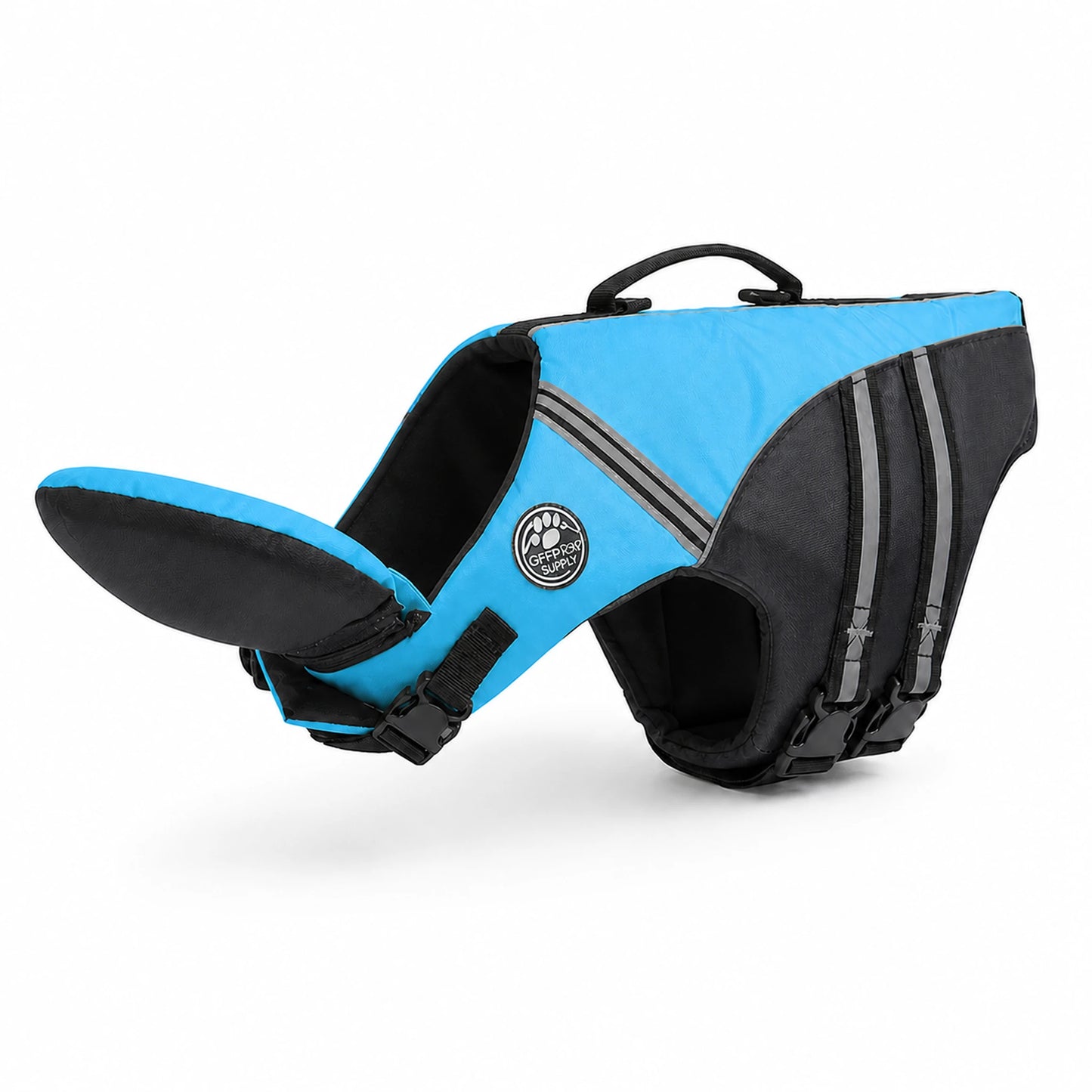 Blue reflective dog life jacket with chin float and top handle