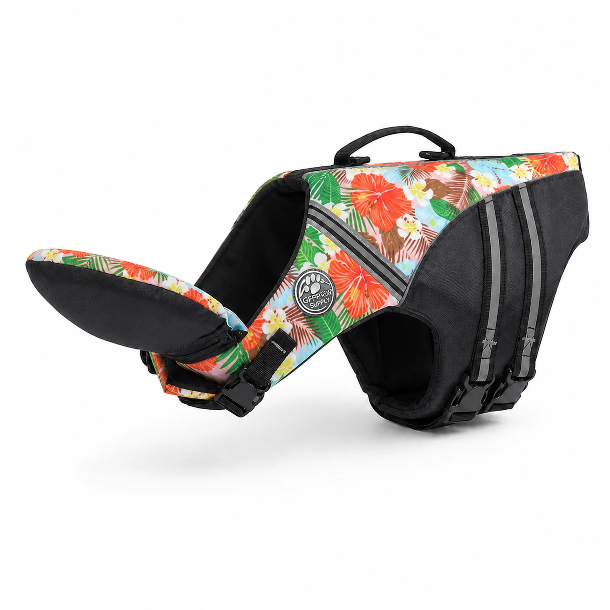 Orange floral dog life jacket with reflective strips