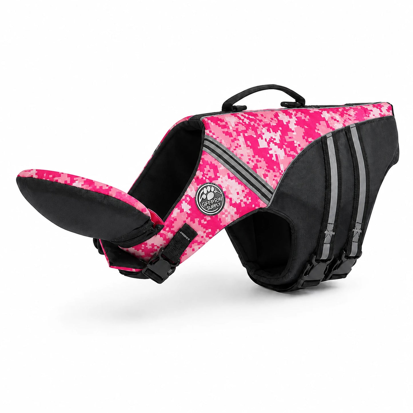 Pink camouflage reflective dog life jacket product view