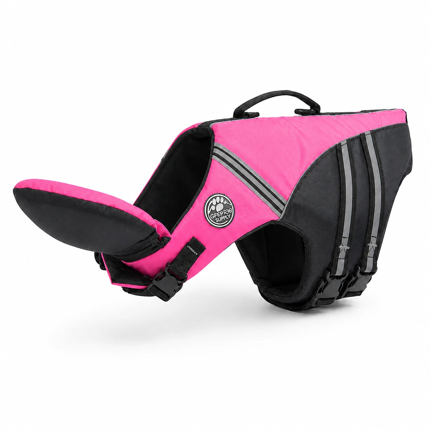 Pink reflective dog life jacket with chin float and rescue handle
