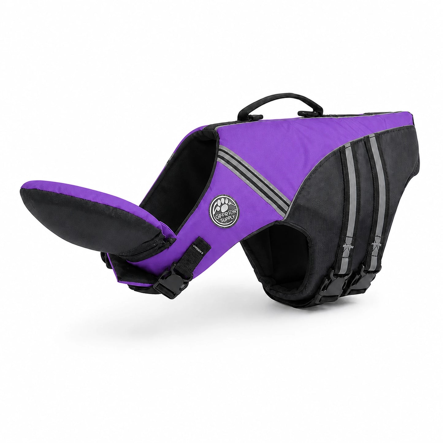 Purple reflective dog life jacket with adjustable belly straps