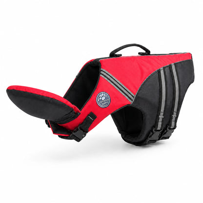 Red reflective dog life jacket with rescue handle