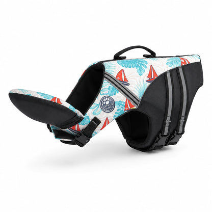 Sailboat print dog life jacket with black flotation panels