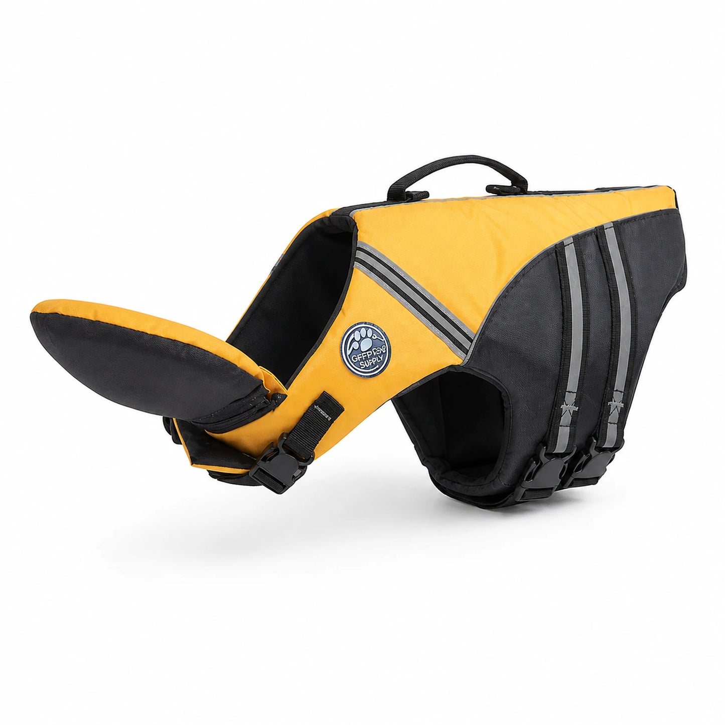 Yellow reflective dog life jacket with chin float and rescue handle
