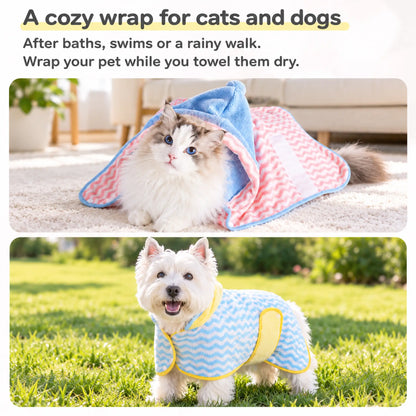 A cat in a pink and blue bathrobe and a dog in a blue and yellow bathrobe