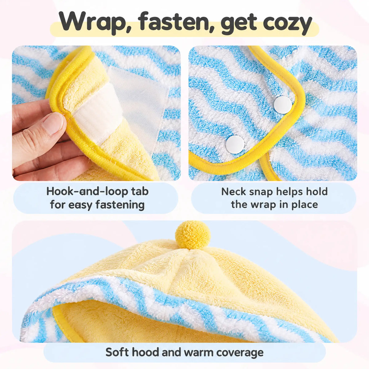 Close-ups of the pet bathrobe hook-and-loop tab, neck snaps and soft hood