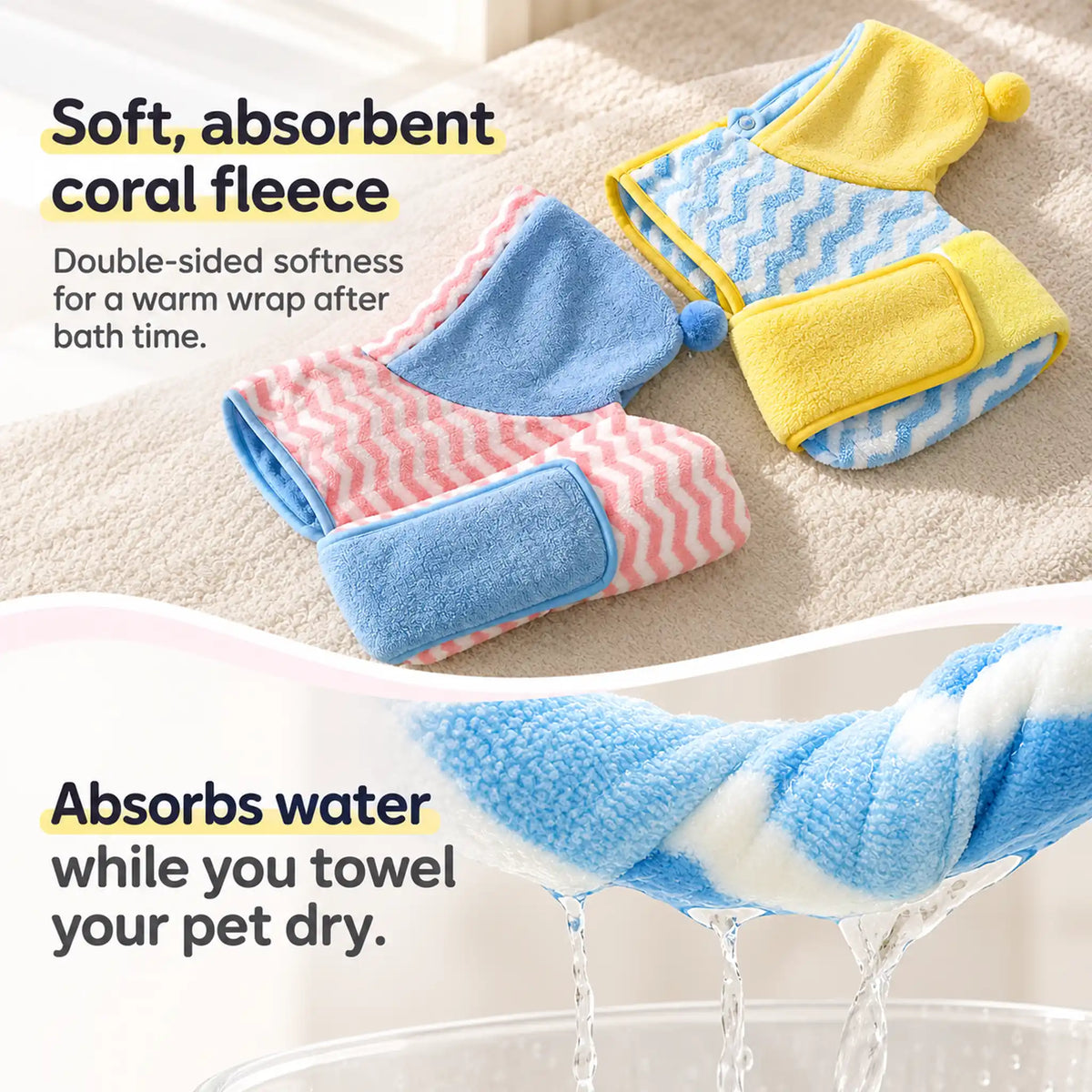 Double-sided coral-fleece pet bathrobes with a close-up showing water absorption