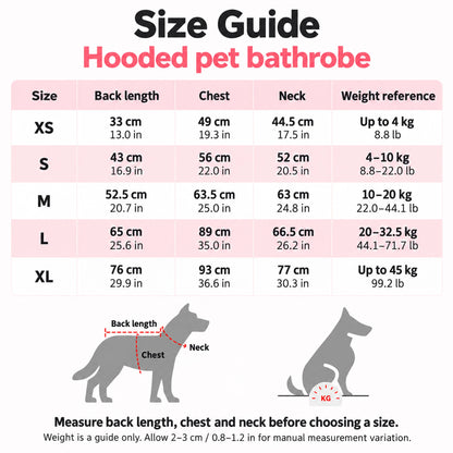 Pet bathrobe size guide for XS to XL with back, chest and neck measurements in cm and inches