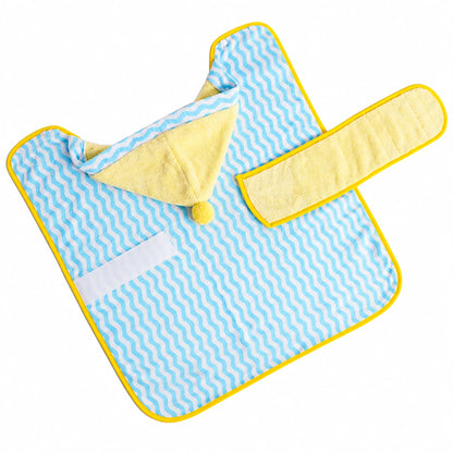 Blue and yellow wave-pattern pet bathrobe laid open with hood and hook-and-loop fastening tab