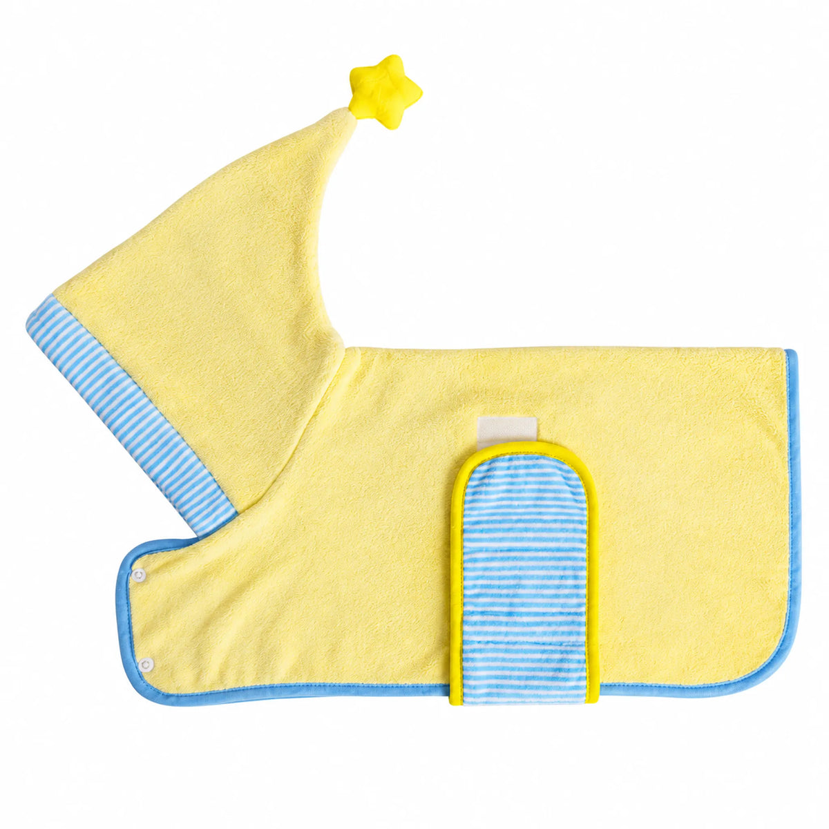 Pale yellow pet bathrobe with blue striped trim and a yellow star hood tip