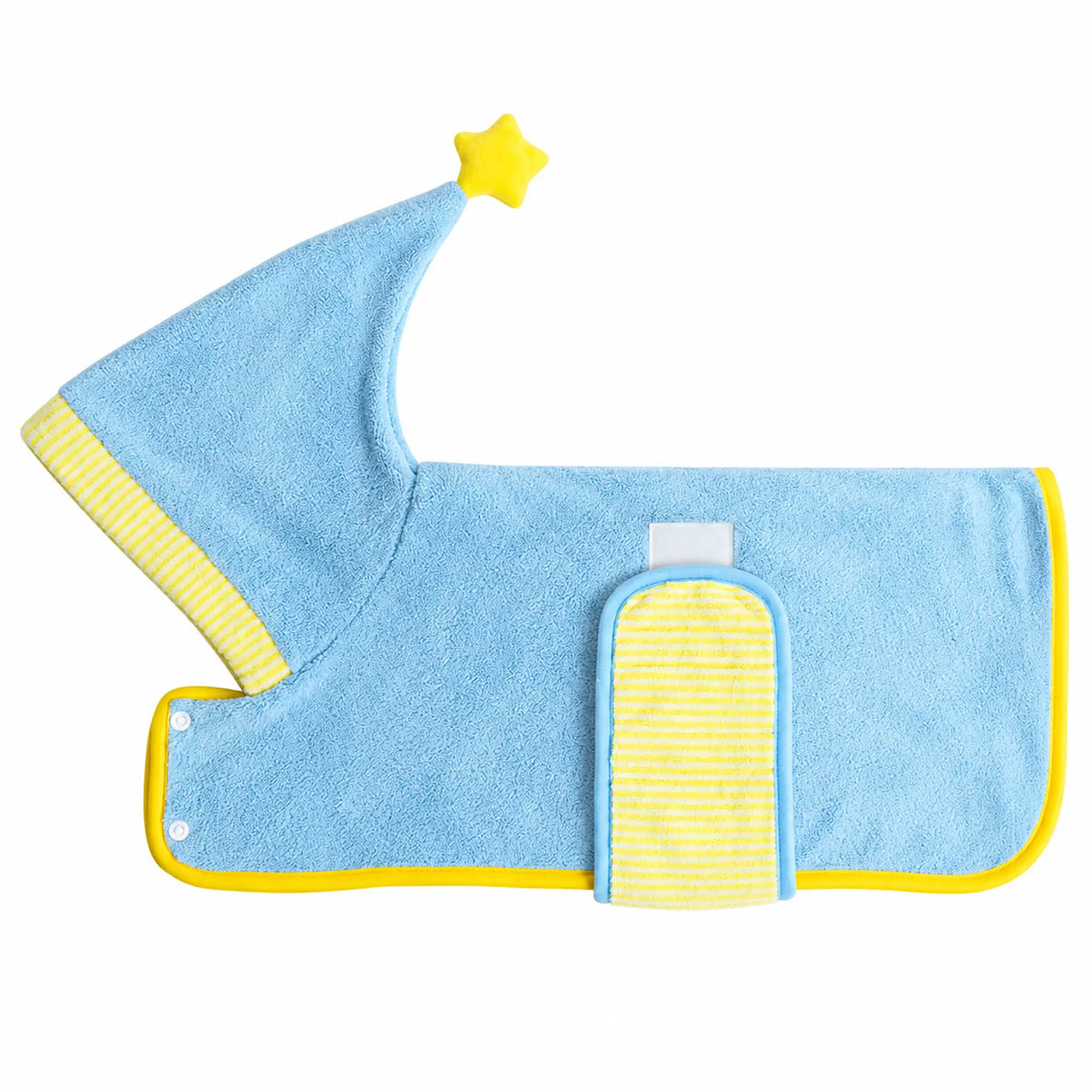 Light blue pet bathrobe with yellow striped trim and a yellow star hood tip