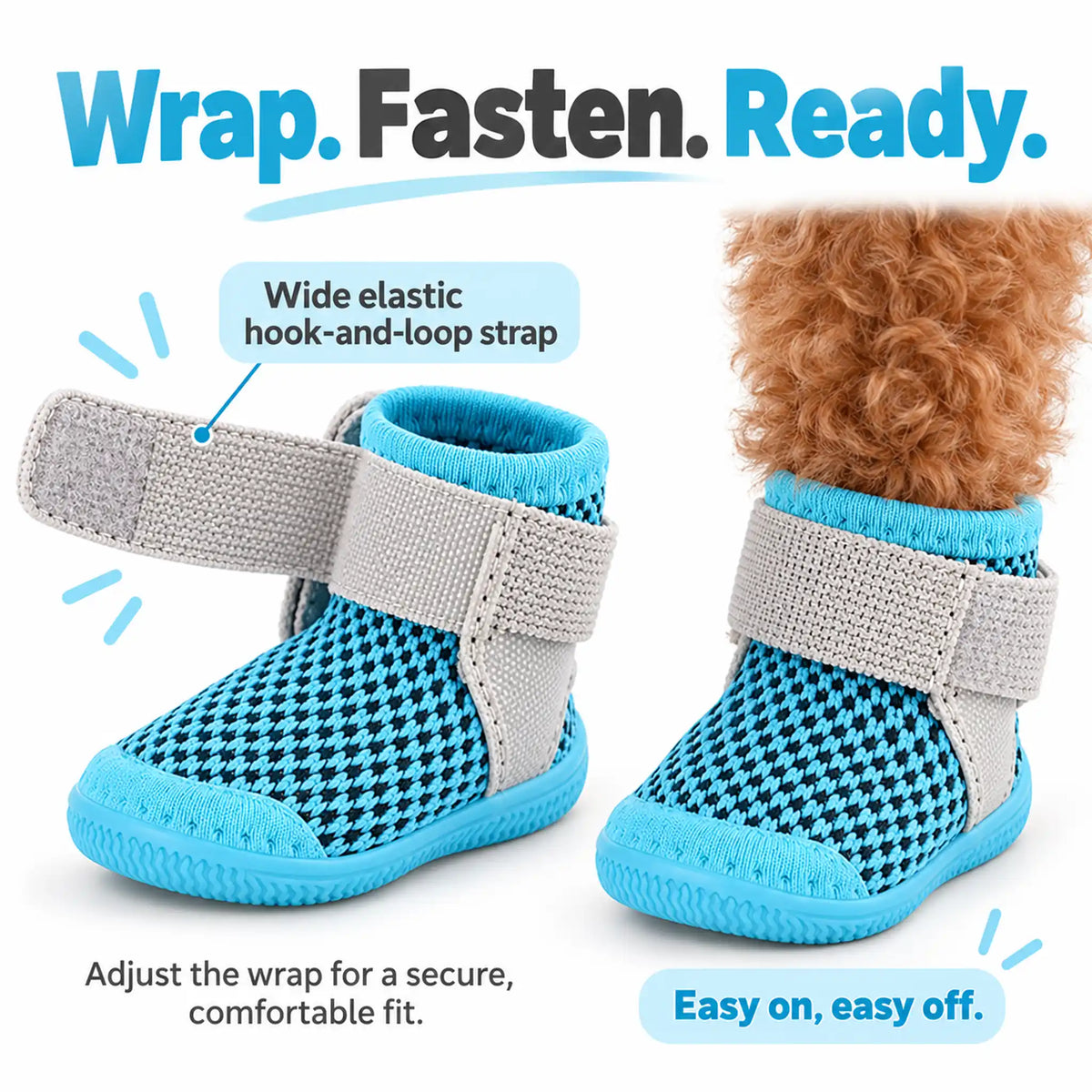 Wide gray hook-and-loop wrap shown open and fastened on a blue mesh dog shoe worn by a teddy poodle
