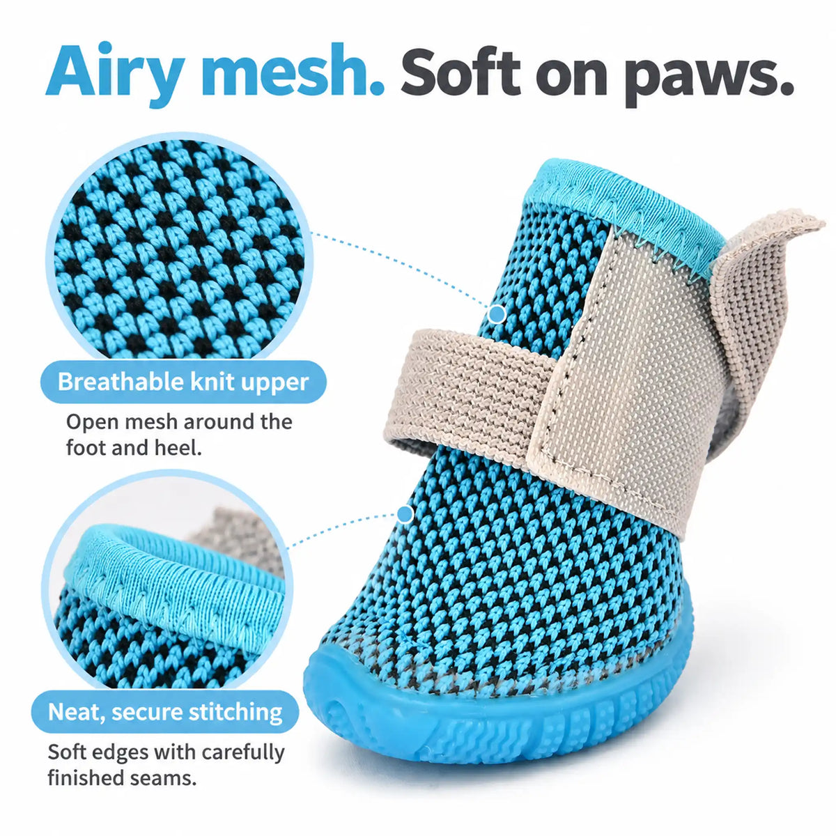 Sky blue mesh dog shoe with close-ups of breathable knit and neatly finished cuff stitching