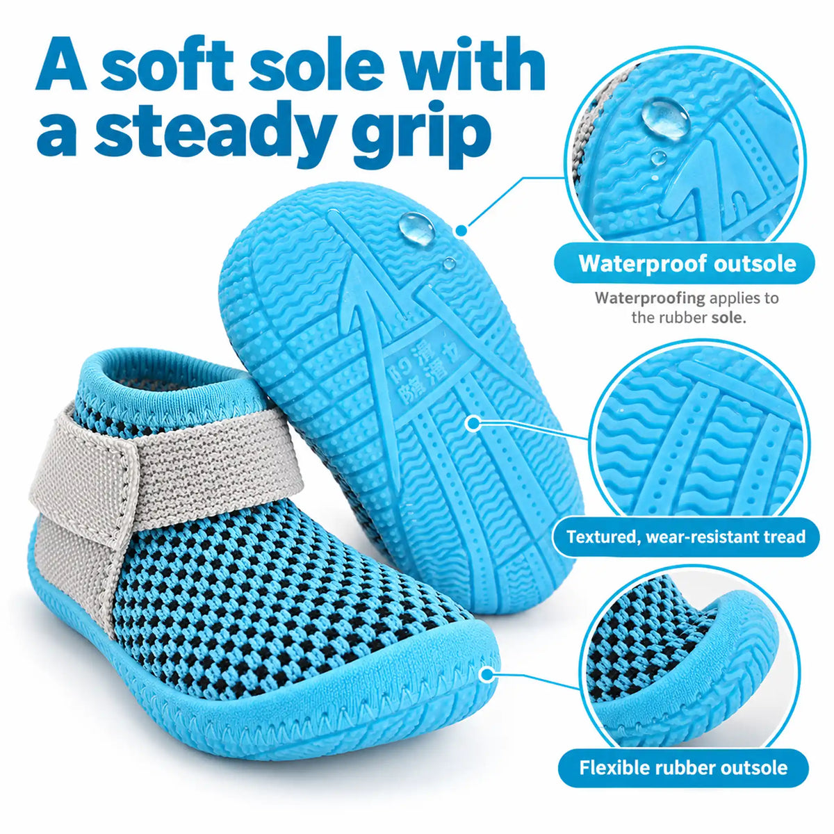 Blue dog shoe rubber outsole showing flexible construction, textured tread and waterproof sole details