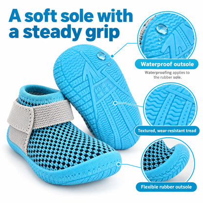Blue dog shoe rubber outsole showing flexible construction, textured tread and waterproof sole details