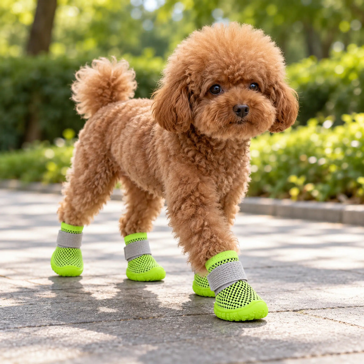 Brown teddy poodle outdoors wearing lime green mesh dog shoes with gray wrap straps