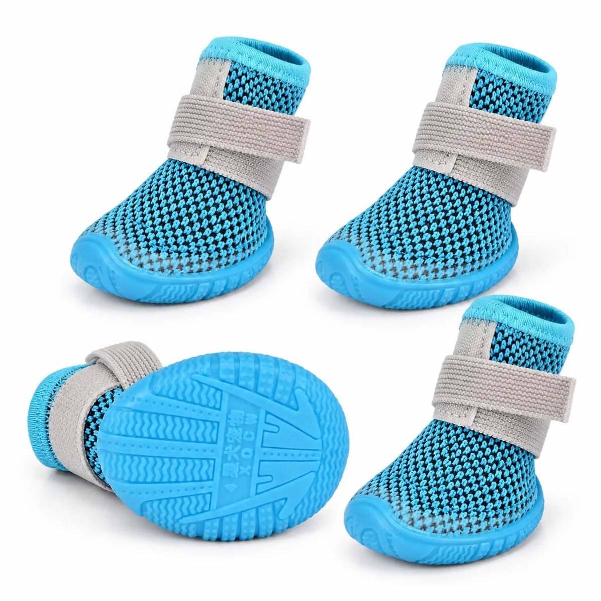 Set of four sky blue mesh dog shoes with gray elastic wrap straps and a rubber sole view