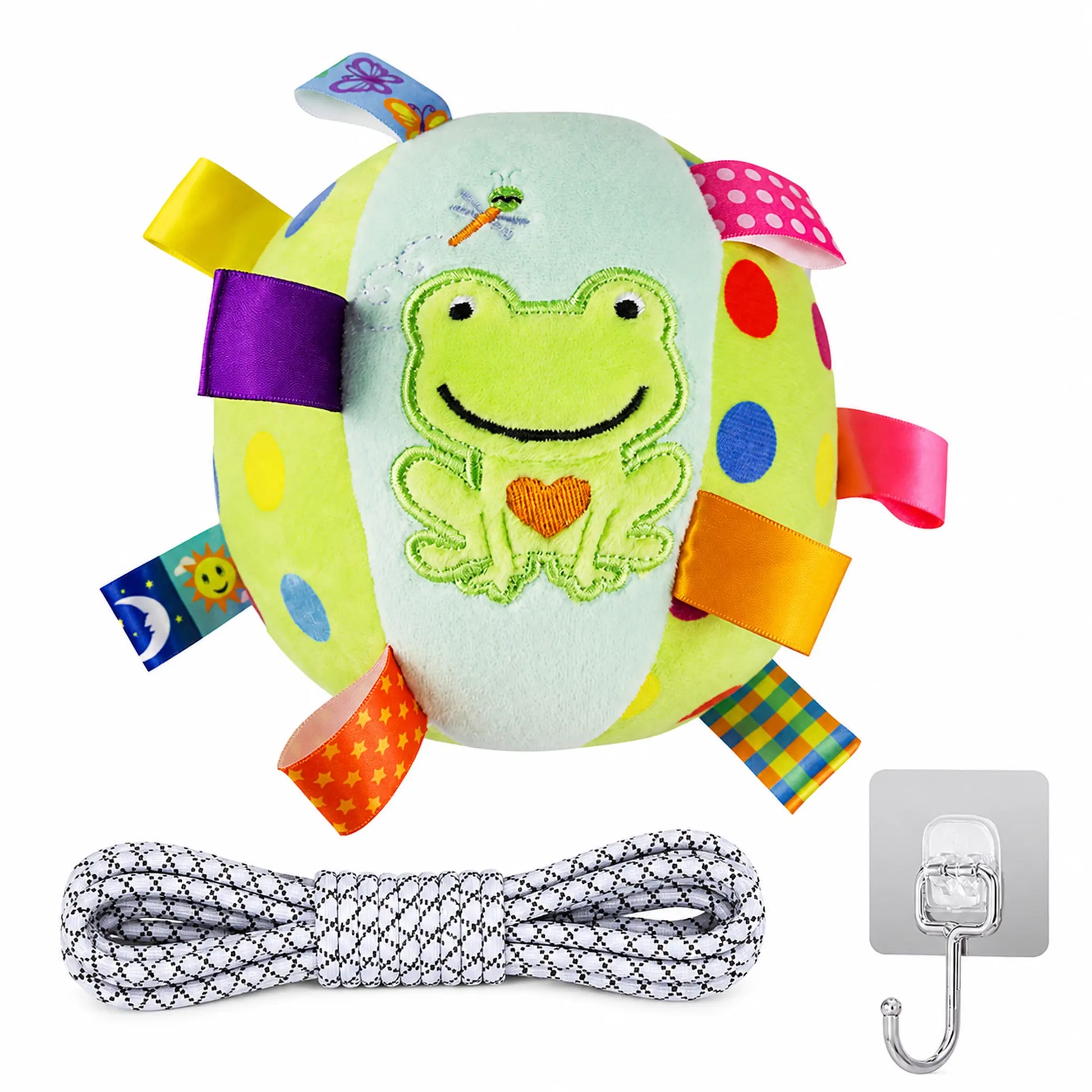 Green frog plush bell ball with included elastic rope and adhesive hook