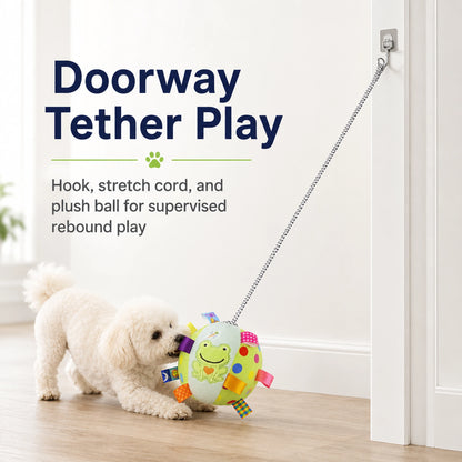 Doorway tether play setup showing high doorframe hook, diagonal elastic rope, and plush bell ball