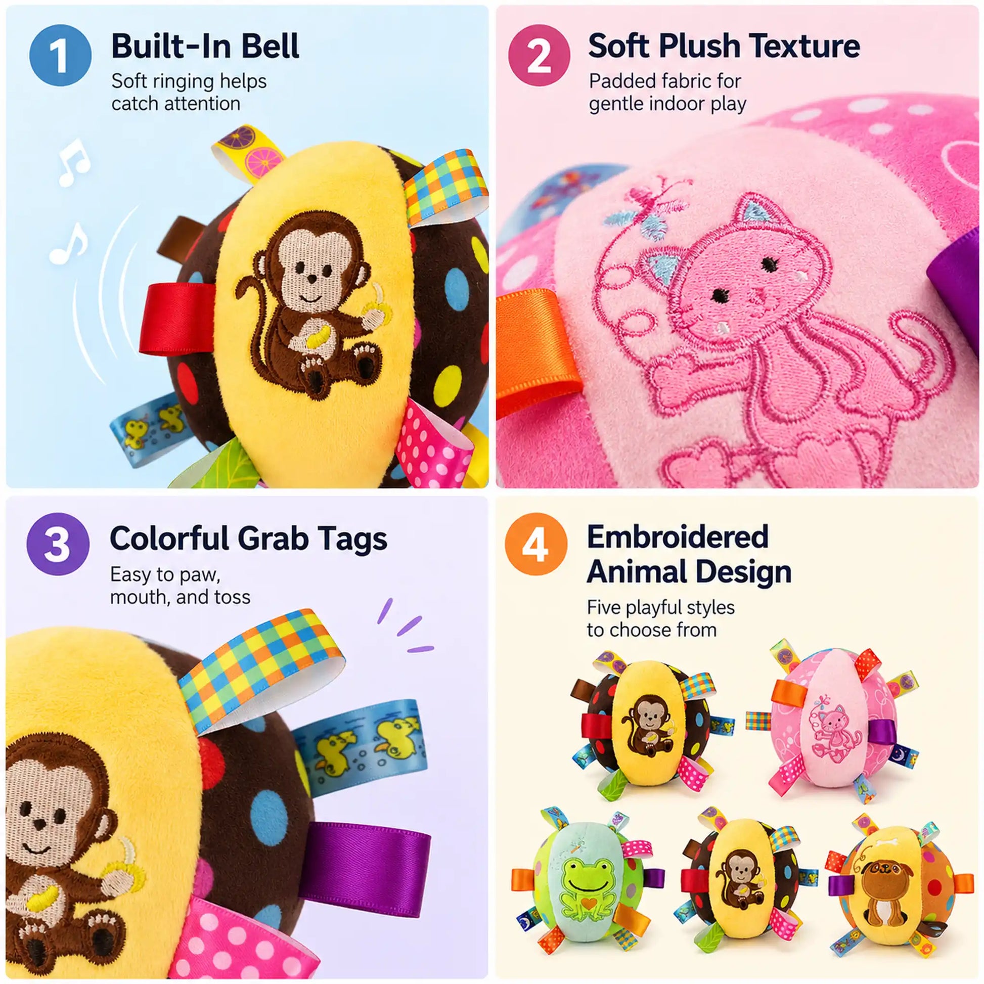 Detail feature grid for built-in bell, soft plush texture, colorful grab tags, and embroidered animal designs