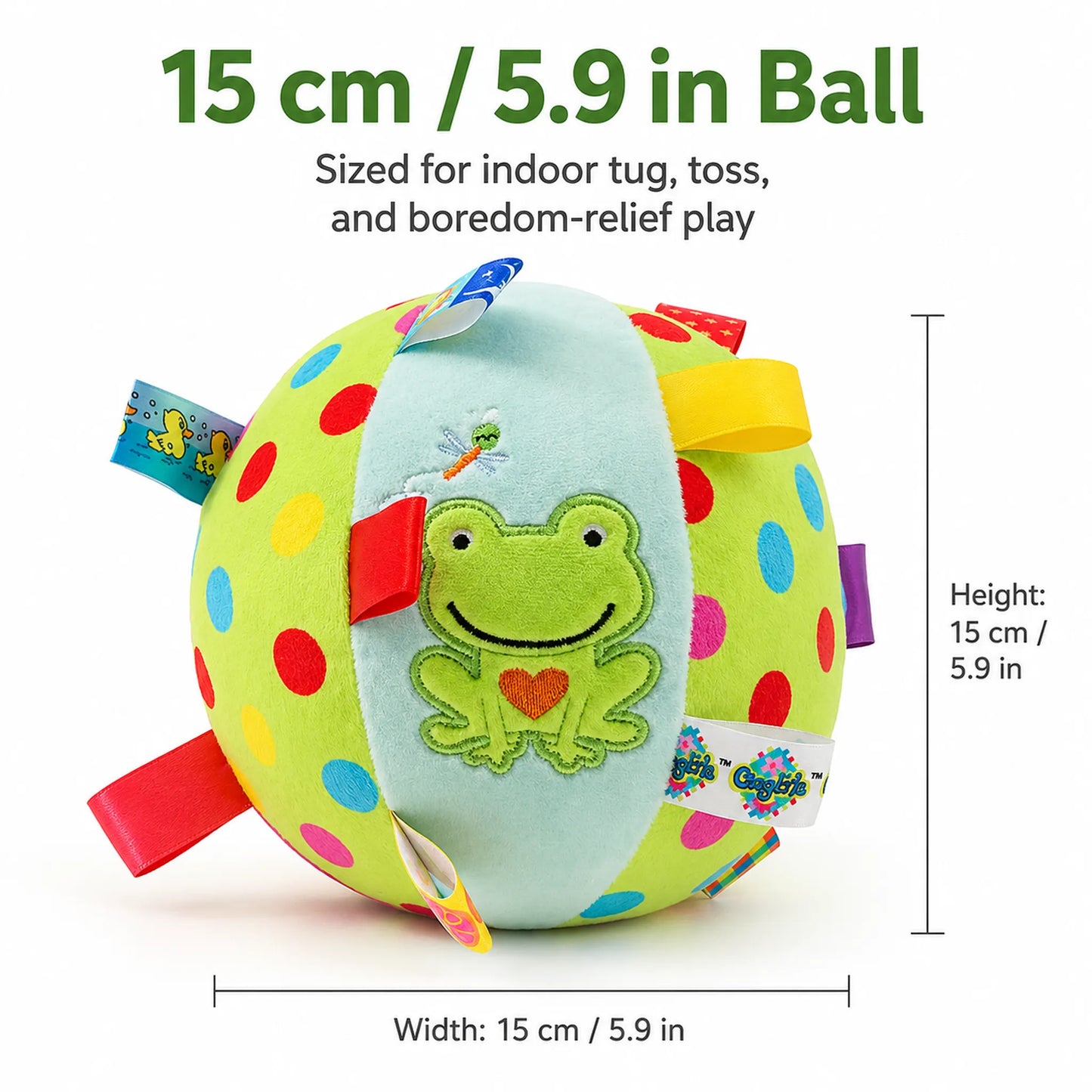 Size guide showing the plush bell dog toy measures 15 cm by 15 cm or 5.9 inches by 5.9 inches