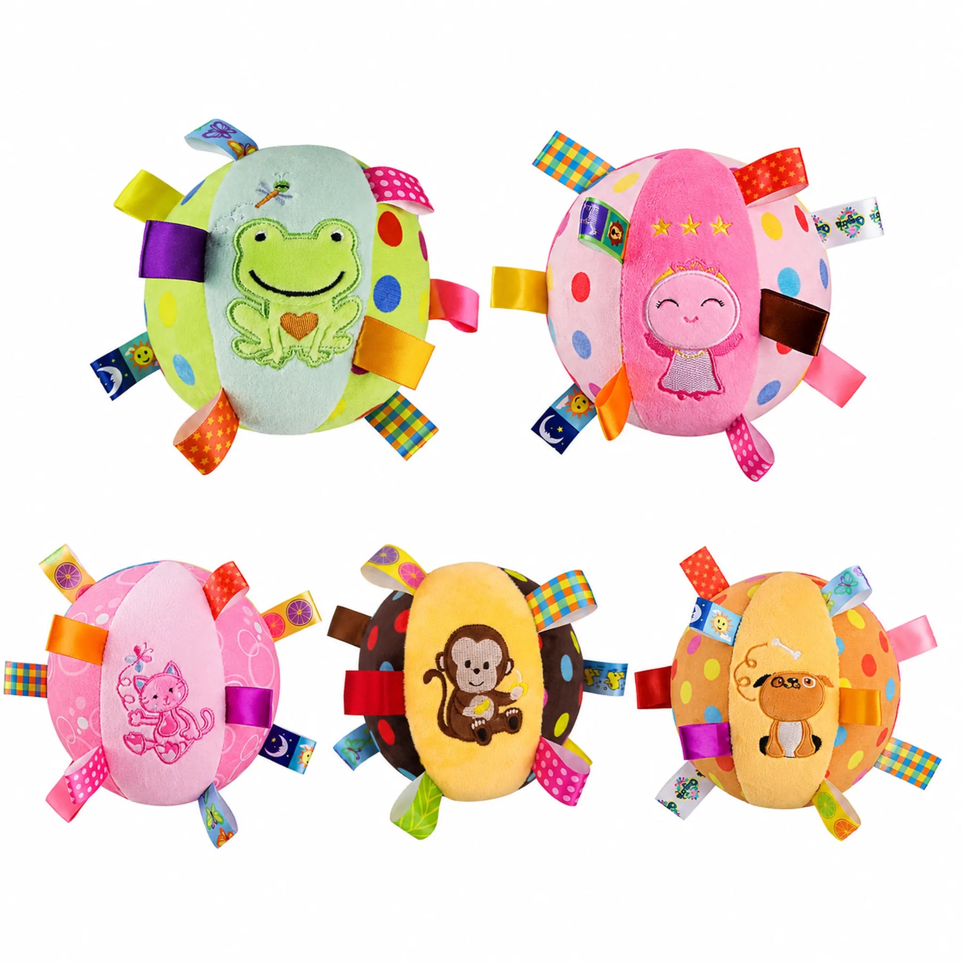 Five plush bell dog toy styles: green frog, pink angel, pink cat, brown monkey, and yellow puppy