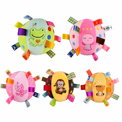 Five plush bell dog toy styles: green frog, pink angel, pink cat, brown monkey, and yellow puppy