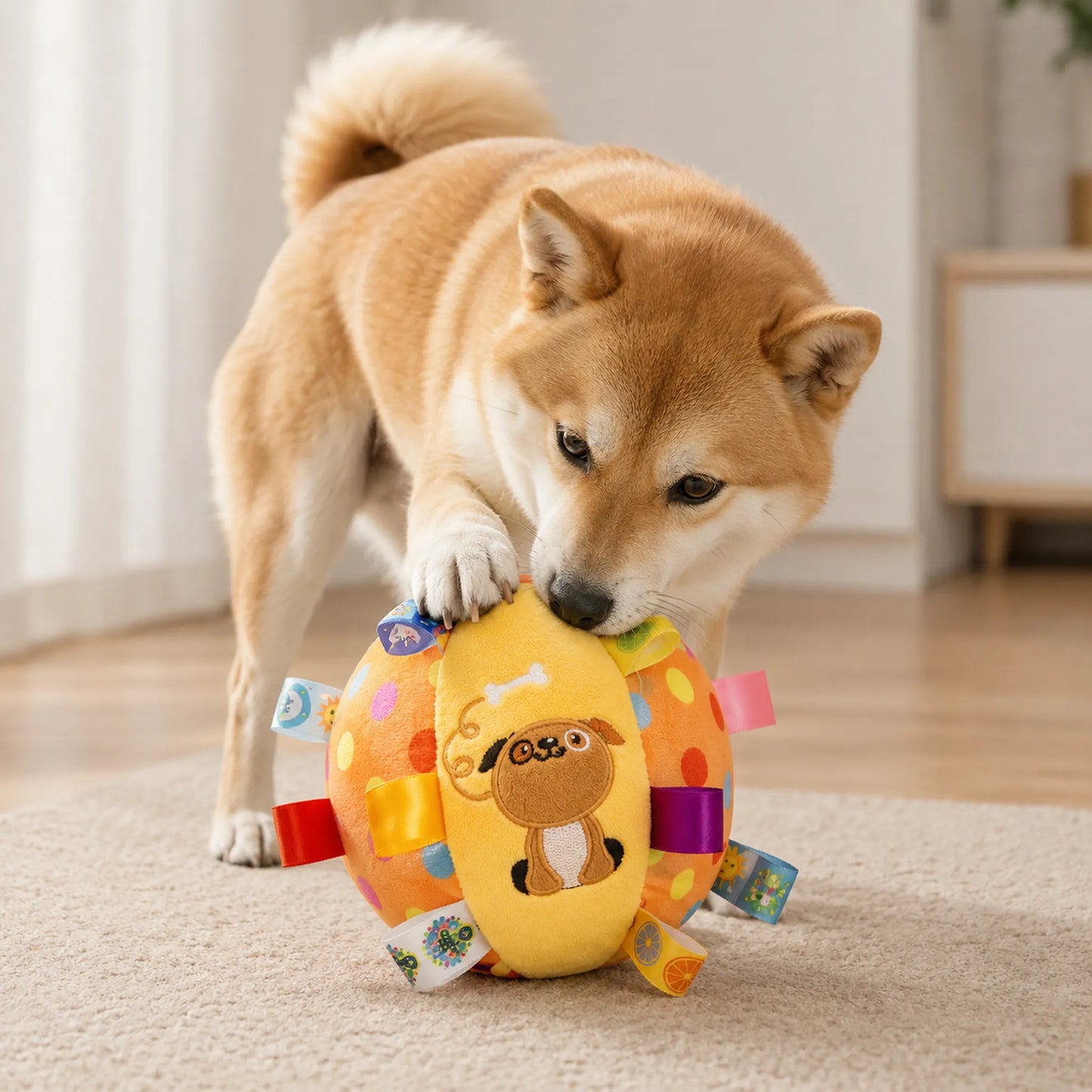 Dog gently biting a yellow puppy plush bell ball during indoor play