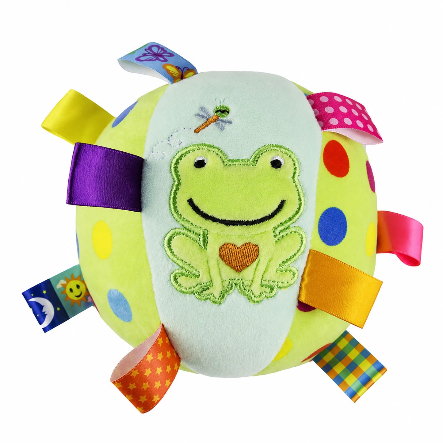 Green Frog plush bell dog toy with colorful grab tags